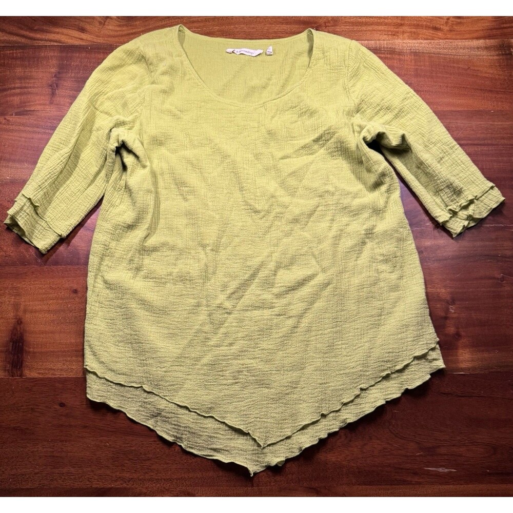 Soft Surroundings Womens Tunic Medium M Green Crinkle Gauze Langelook Hanky Hem